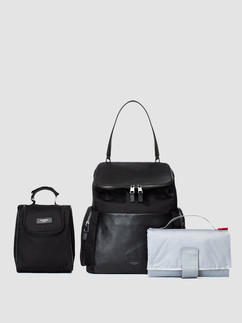Storksak Alyssa | convertible Changing bag Backpack | Leather Baby Bag | Black diaper Bag with insulated bottle bag, changing mat and leather shoulder strap
