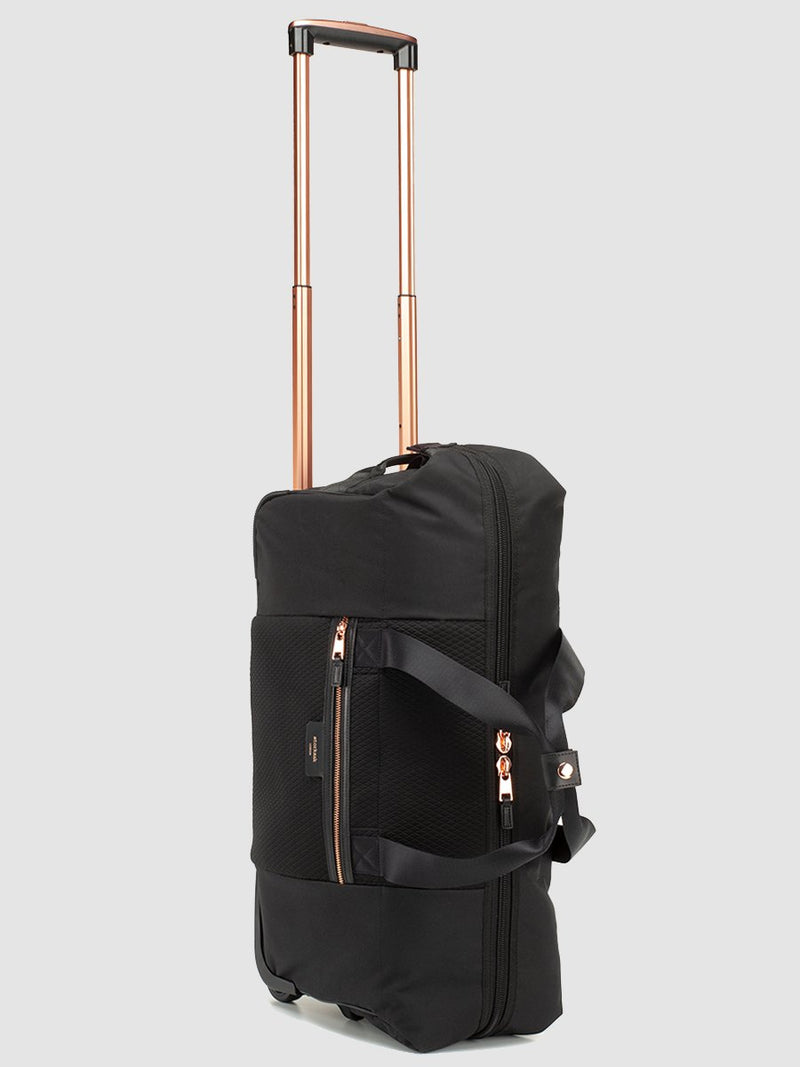 storksak cabin carry-on scuba black | hospital bag with rose gold trims | wheeled weekend bag with rose gold handle