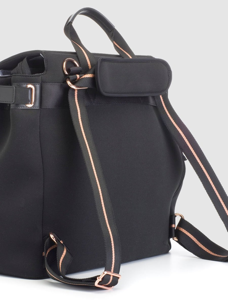 storksak st james scuba black, convertible changing bag, back view showing straps as backpack