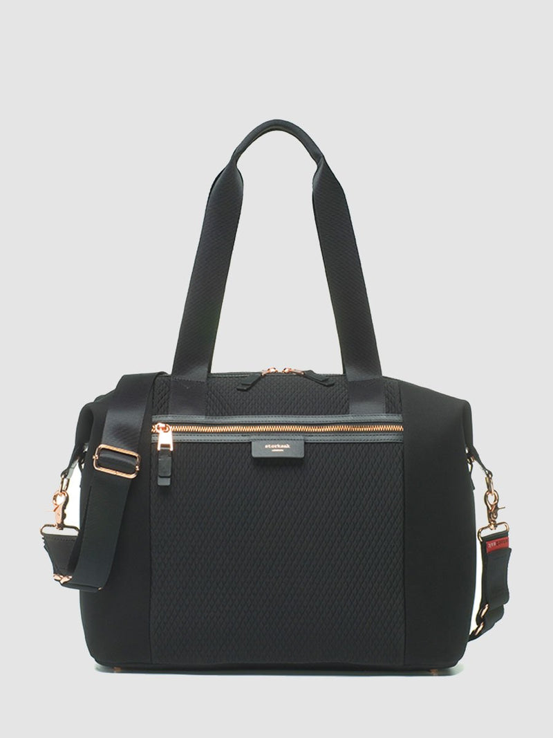storksak stevie luxe scuba black, changing bag, front view