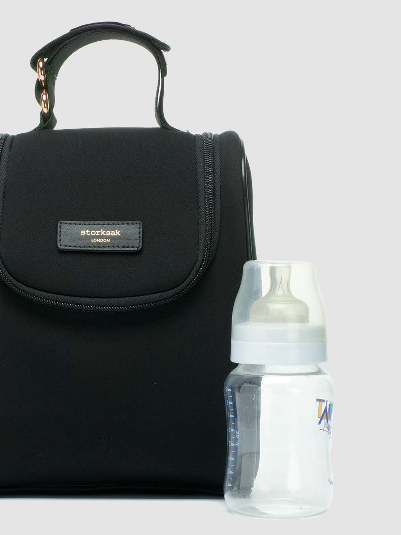storksak stevie luxe scuba black, changing bag, matching insulated bottle bag