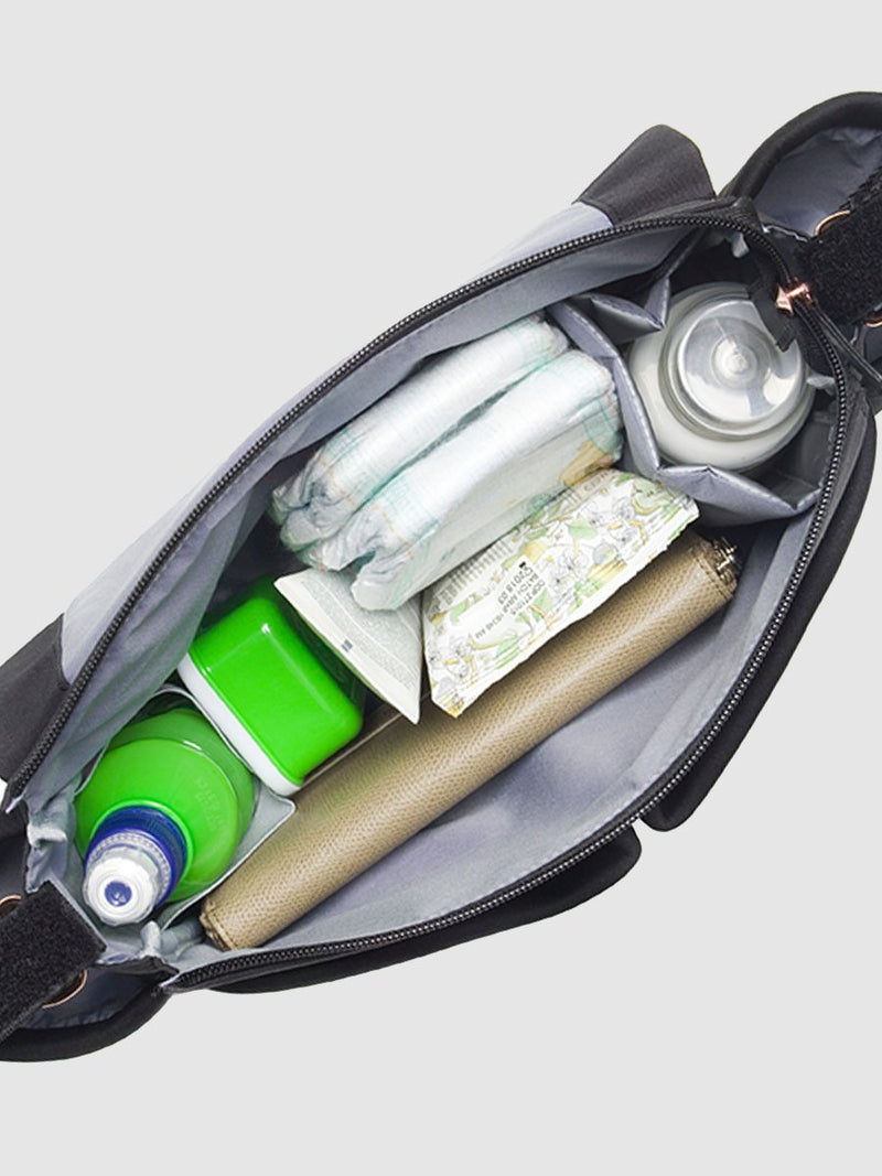 storksak stroller organiser luxe scuba black, inside of bag packed with baby items