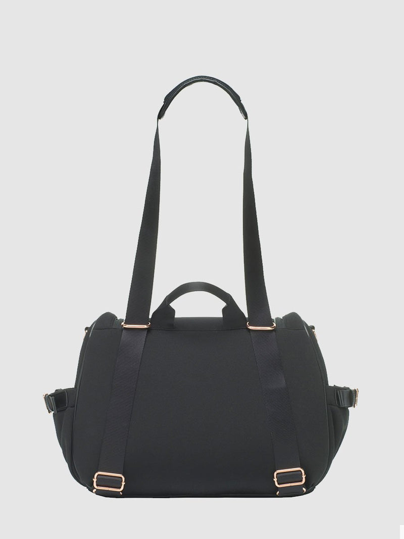storksak poppy luxe scuba black, convertible changing bag, back view showing straps as shoulder bag