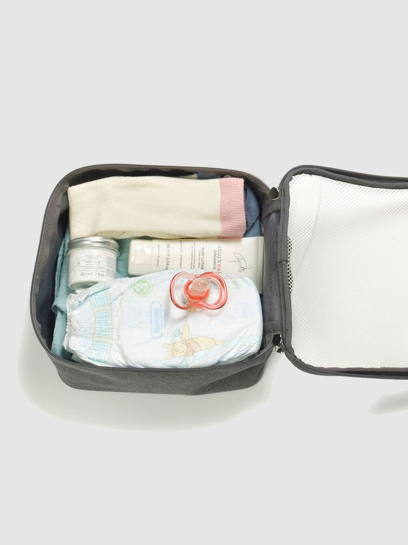 storksak travel cabin carry-on grey, hospital bag, packing block with baby items inside