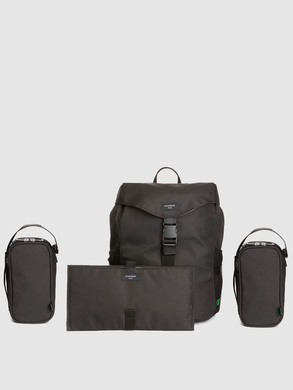 storksak travel eco backpack black, changing bag rucksack, recycled material, comes with changing mat, insulated bottle holder + organiser pouch