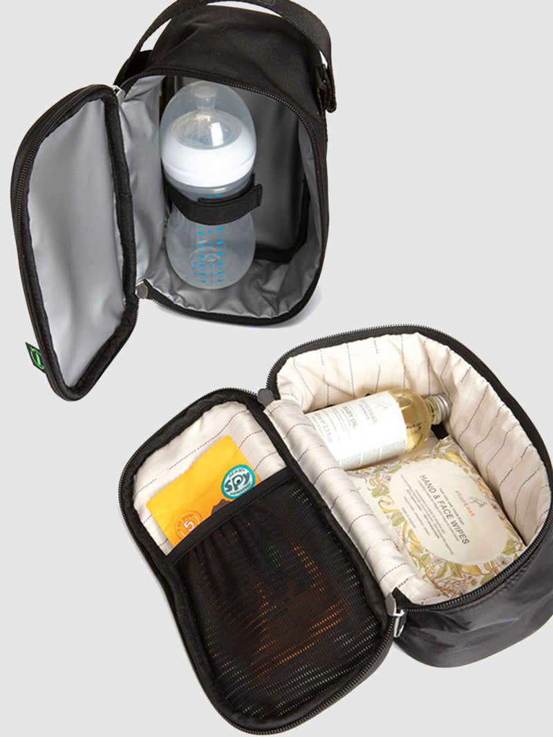 storksak travel eco backpack black, changing bag rucksack, recycled material, insulated pouch and organiser pouch open
