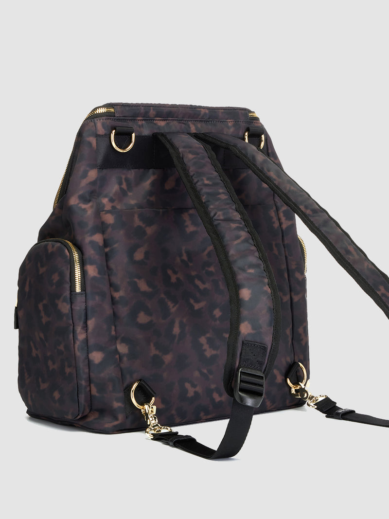 storksak alyssa leopard back view with padded backpack straps