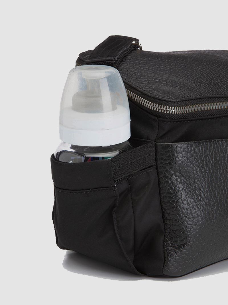 storksak alyssa stroller bag black & gunmetal side view with milk bottle in pocket