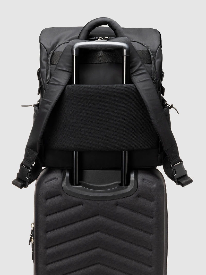 Skye eco backpack black | back attached to luggage handle