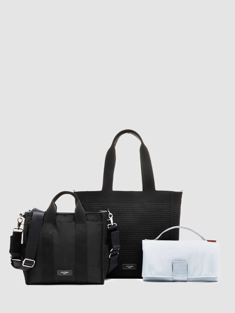 Storksak Thea Black | tote & compact change bag & changing mat