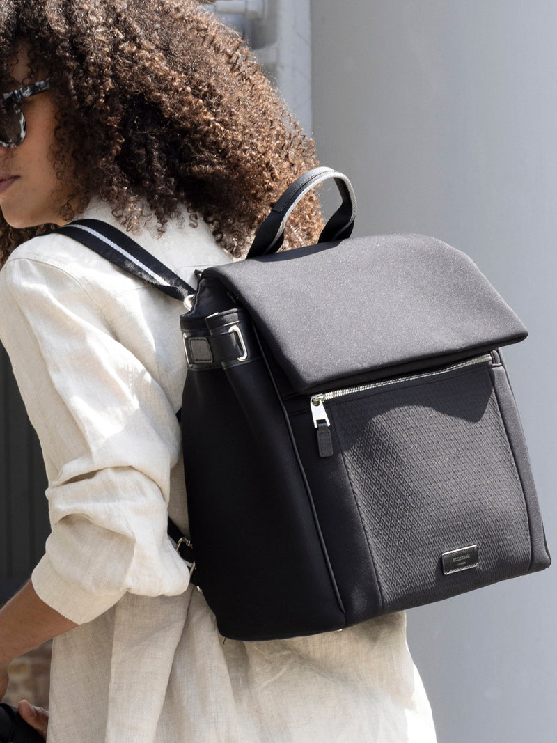 St James Scuba Black & Silver | mum wearing bag as backpack