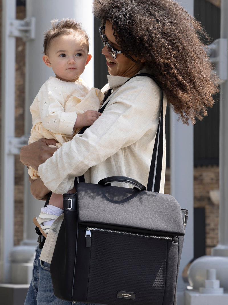 St James Scuba Black & Silver | mum holding baby and wearing st James as shoulder bag