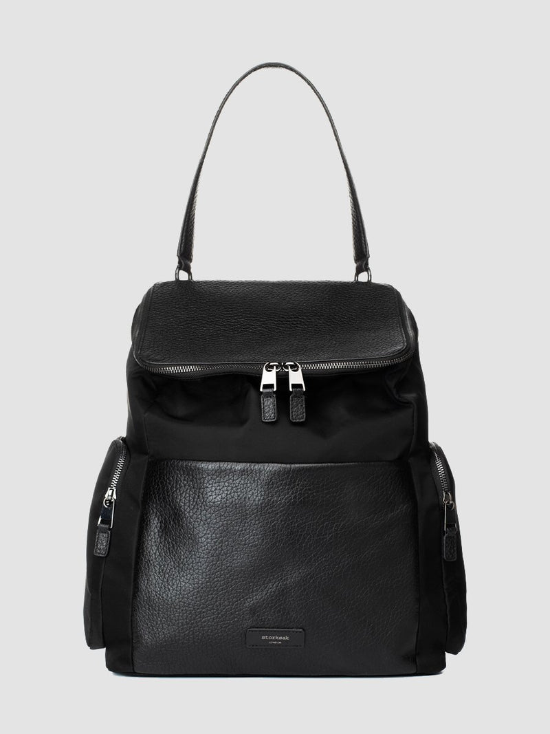 Storksak Alyssa | convertible Changing bag Backpack | Leather Baby Bag | Black diaper Bag with leather shoulder strap