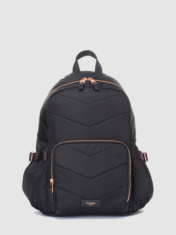storksak hero quilt black, changing bag backpack, in quilted nylon with rose gold hardware