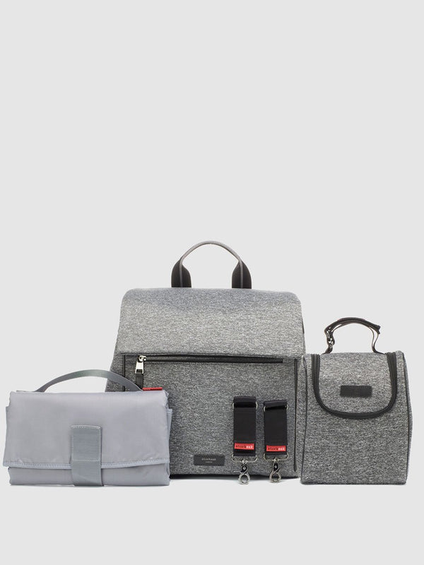 storksak st james scuba grey marl, convertible changing bag, comes with changing mat, stroller clips & insulated bottle bag