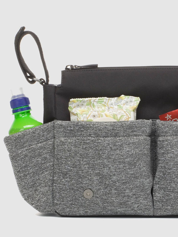 storksak stroller organiser luxe scuba grey marl, flap up showing external pockets