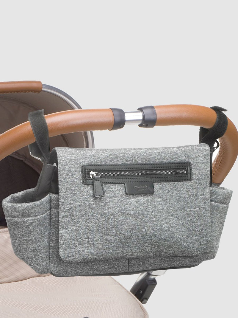 storksak stroller organiser luxe scuba grey marl, attached to pram