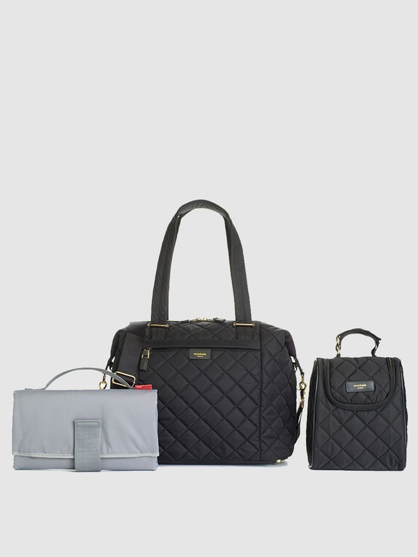 storksak stevie quilt black, changing bag, comes with changing mat, stroller straps & insulated bottle bag