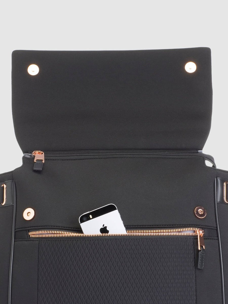 storksak st james scuba black, convertible changing bag, flap up showing zipped phone pocket