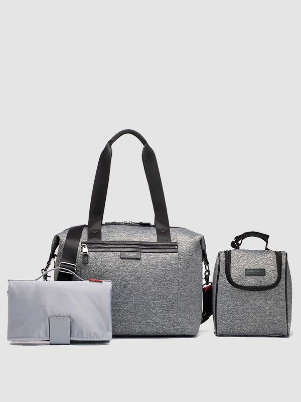storksak stevie luxe scuba grey marl, changing bag, comes with changing mat, stroller straps & insulated bottle holder