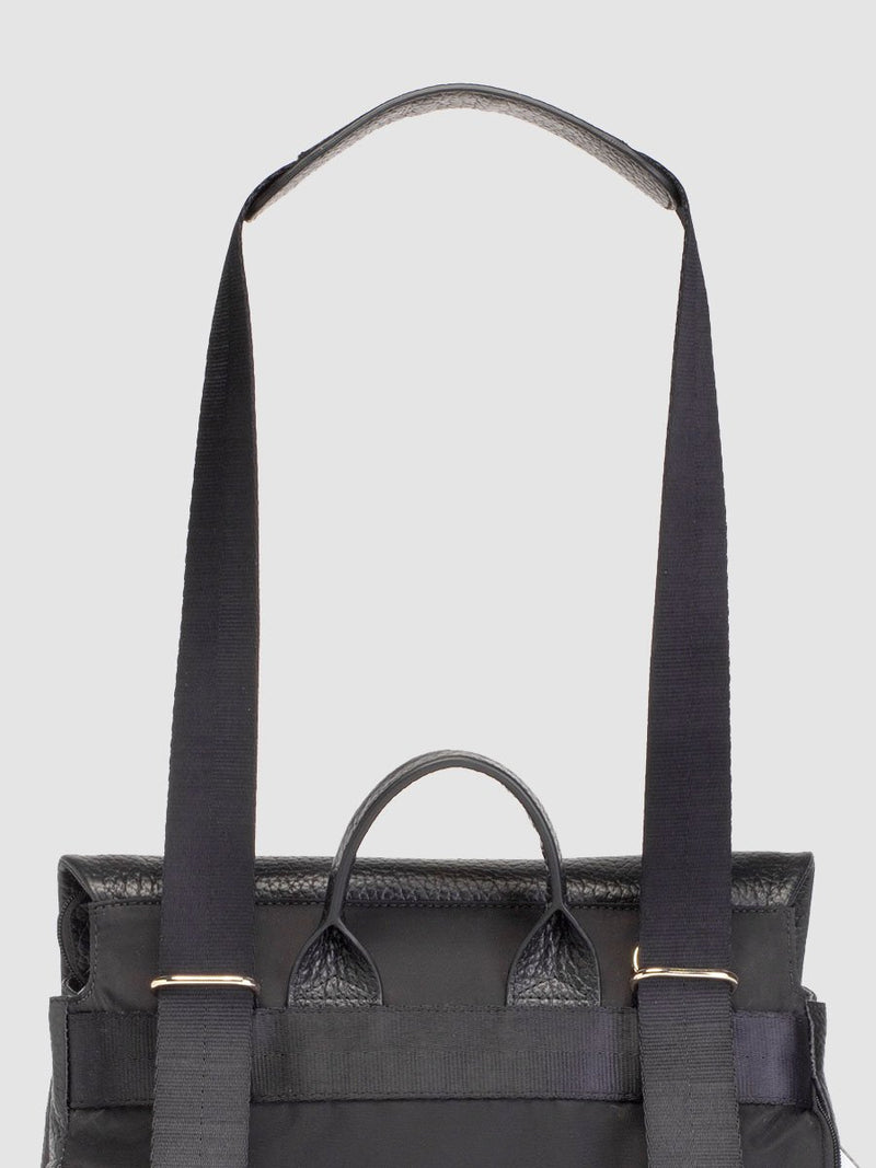 storksak st james leather black, luxury convertible changing bag, back view with straps as shoulder bag