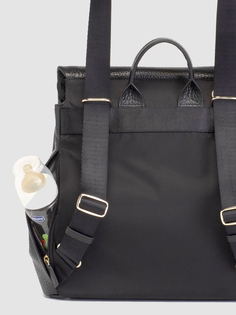 storksak st james leather black, luxury convertible changing bag, zipped back insulated bottle pocket