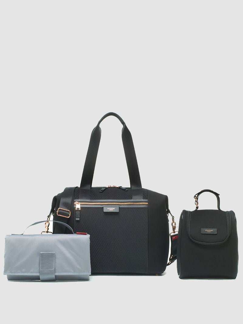 storksak stevie luxe scuba black, comes with changing mat, stroller straps & insulated bottle holder