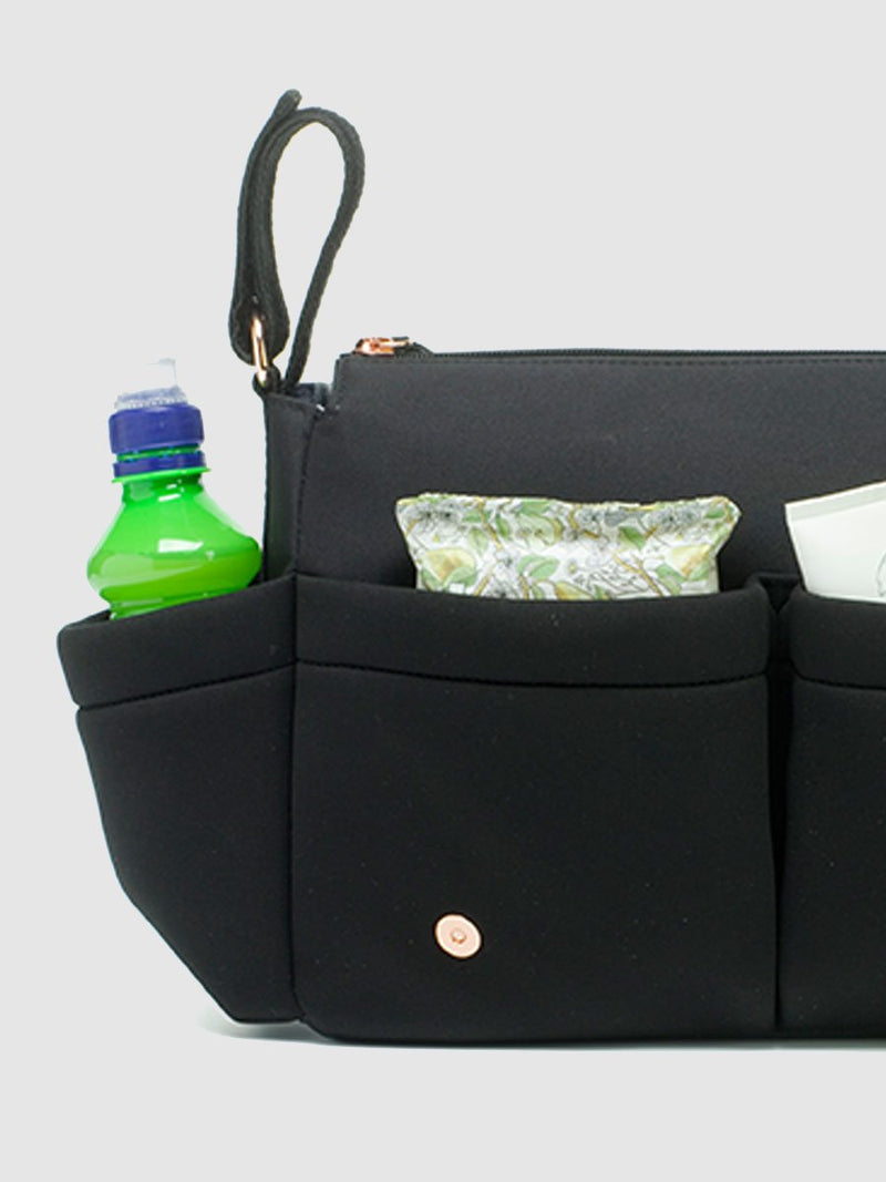 storksak stroller organiser luxe scuba black, flap up showing external pockets