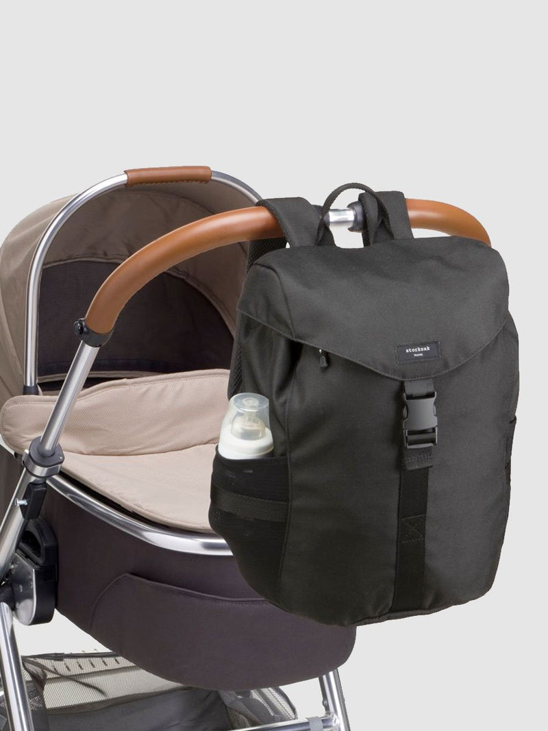 storksak travel eco backpack black, changing bag rucksack, recycled material, attached to buggy with back straps