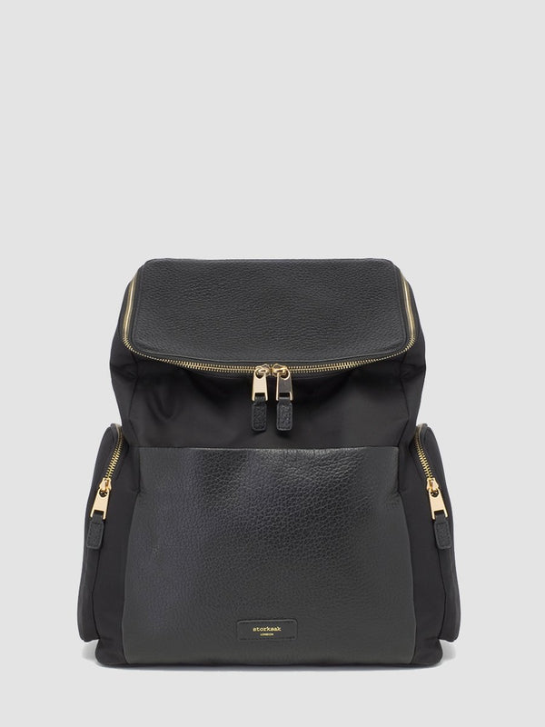 Storksak Alyssa | convertible Changing bag Backpack | Leather Baby Bag | Black per Bag with Gold Zips