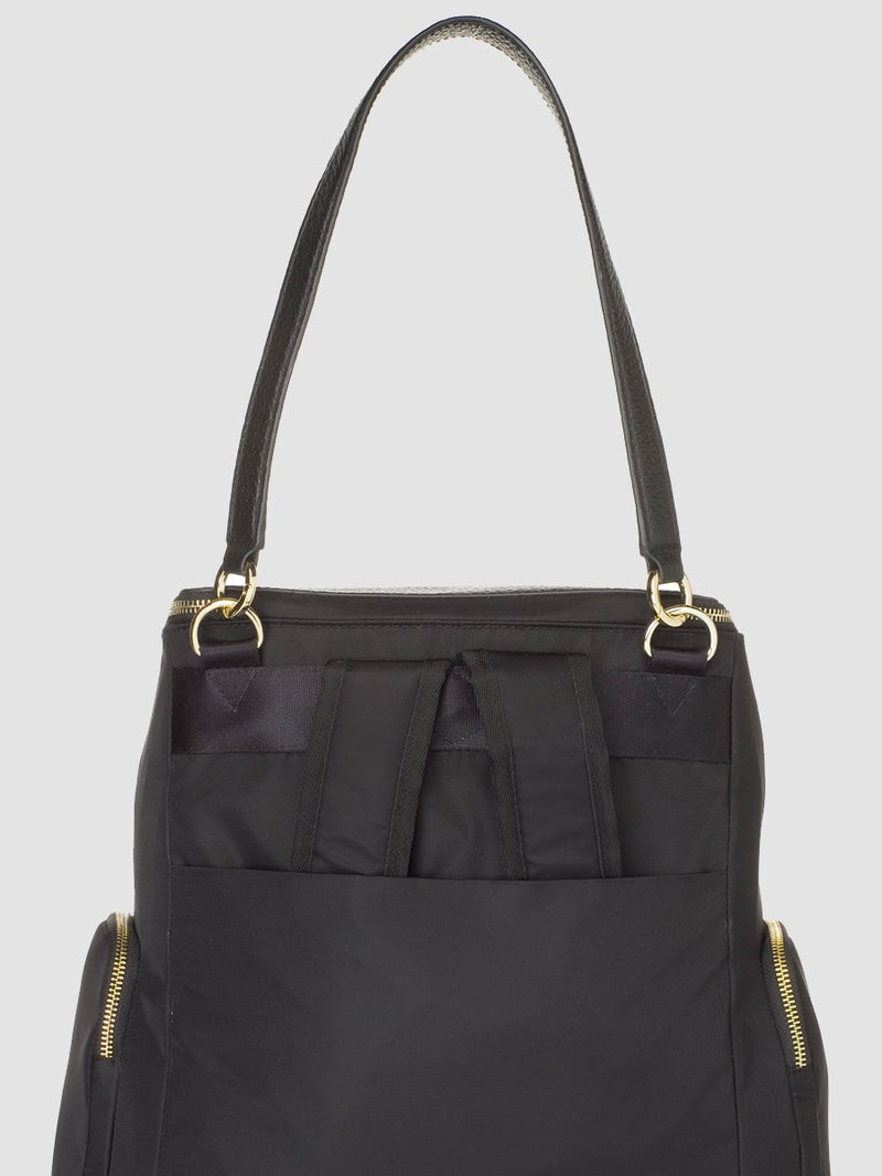 Storksak Alyssa |  Black convertible diaper changing Bag with Gold Zips |  - detachable leather shoulder strap