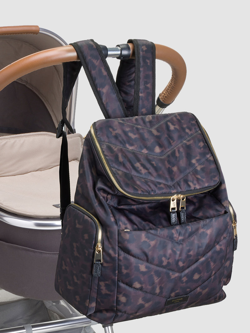 storksak alyssa leopard changing bag attached to stroller with back straps