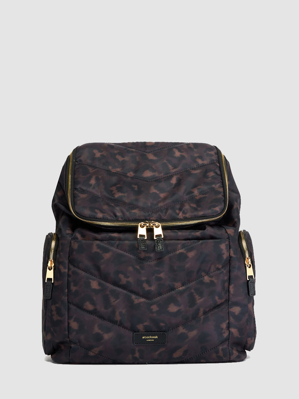 storksak alyssa leopard front view | changing bag backpack