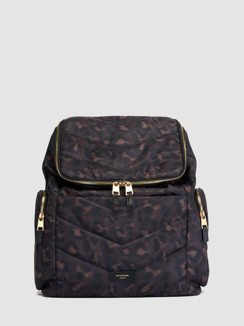 storksak alyssa leopard front view | changing bag backpack